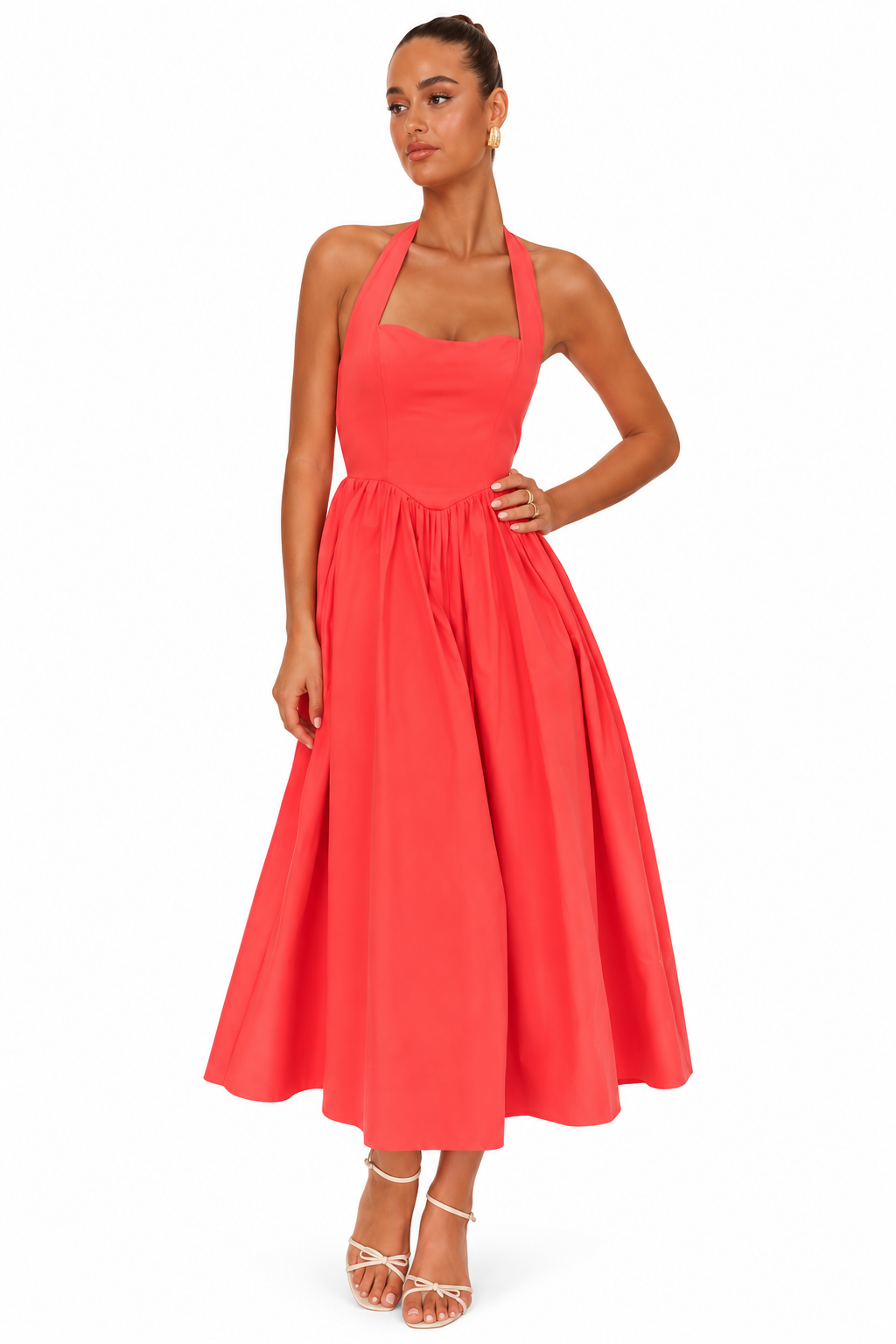 Coral Red Halter Neck Full Skirt Midi Dress