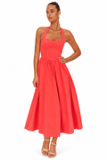 Coral Red Halter Neck Full Skirt Midi Dress