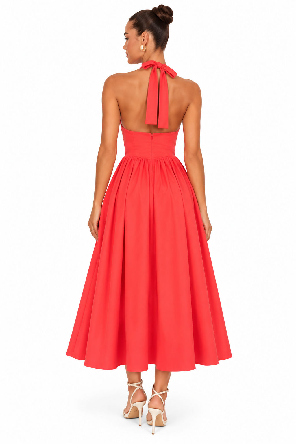 Coral Red Halter Neck Full Skirt Midi Dress