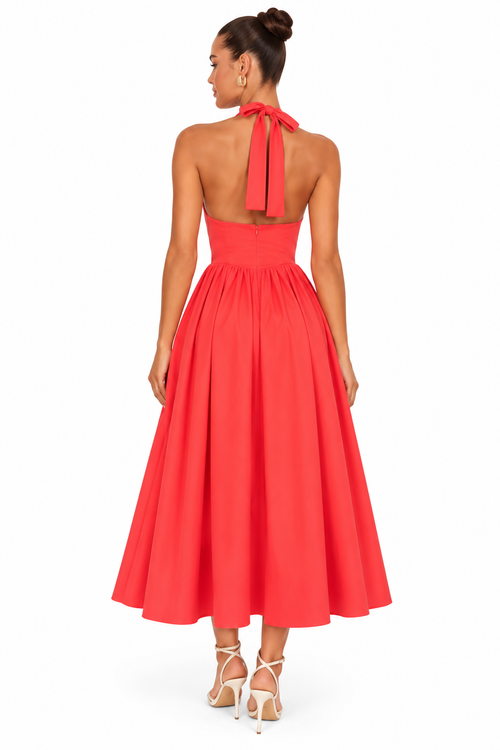Coral Red Halter Neck Full Skirt Midi Dress
