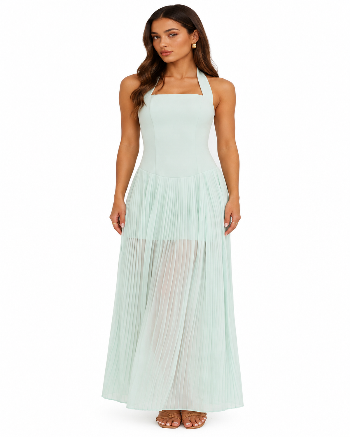 The Celeste Pleated Halter Maxi Dress – Soft Mint