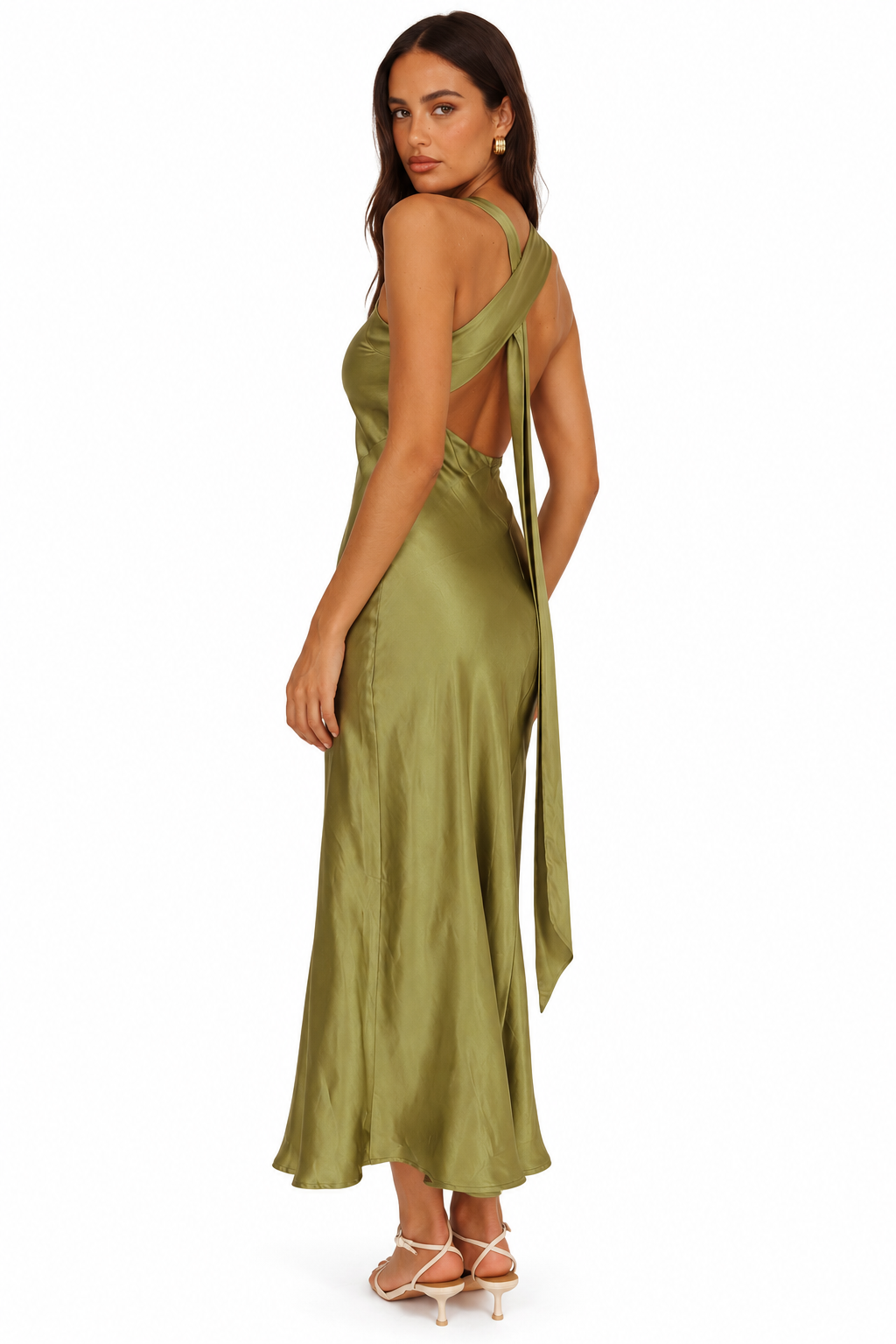 The Valentina Satin Halter Maxi Dress – Sage Olive