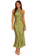 The Valentina Satin Halter Maxi Dress – Sage Olive