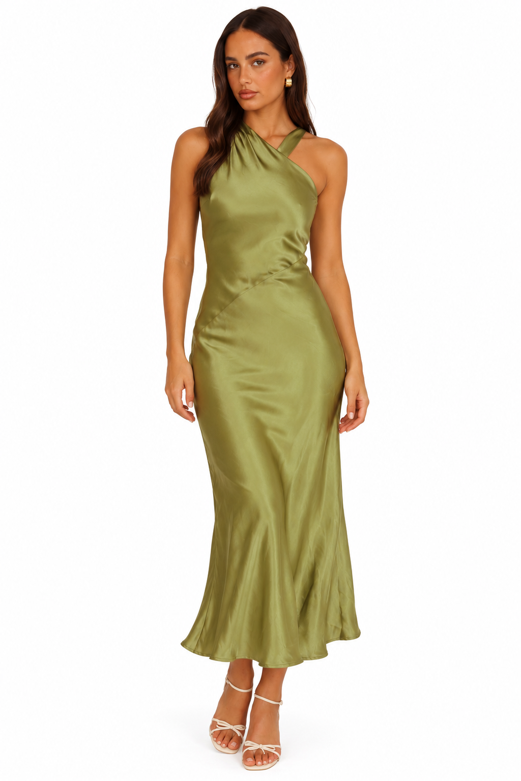 The Valentina Satin Halter Maxi Dress – Sage Olive
