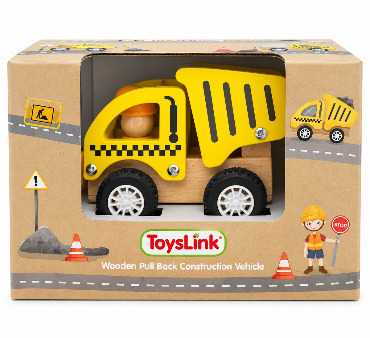 ToysLink Wooden Pull Back Construction Dump Truck – Yellow