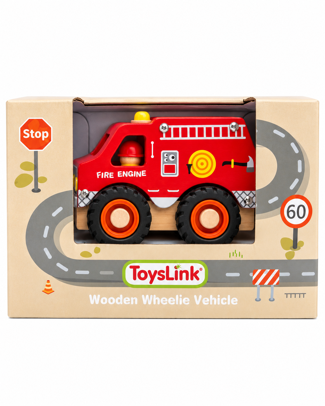 ToysLink Wooden Fire Engine Wheelie Vehicle – Red